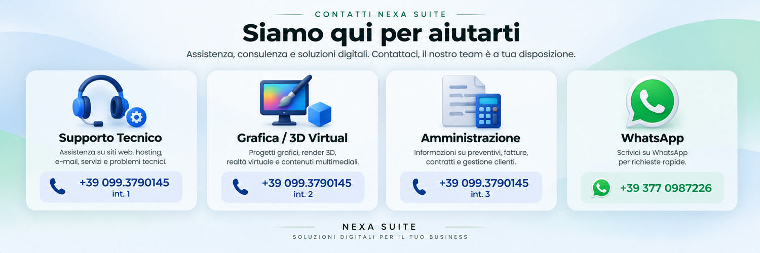 Contatti e assistenza Nexa Suite per servizi digitali, siti web, hosting e supporto tecnico